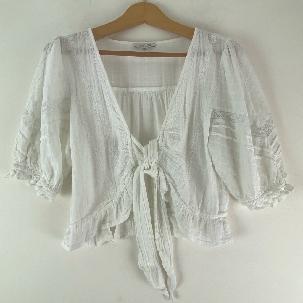 American Eagle White Cropped Romantic Short Sleeve Front Tie Top Szm (Sku308)